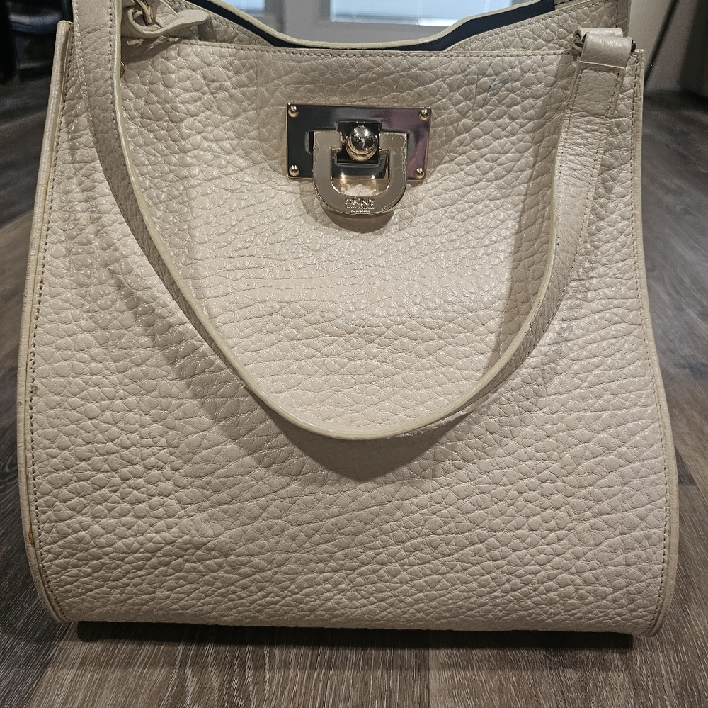 DKNY Cream Textured Leather Tote Bag